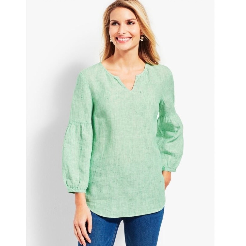 Talbots 100% Linen Lantern Sleeve Popover Shirt Blouse Green Stripe 3/4 Sleeve S